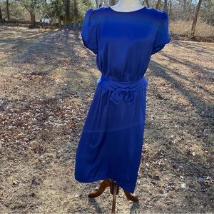 ALBERT NIPON VINTAGE DRESS MIDI BLUE SHORT FLUTTER SLEEVE BUTTON BACK BELT 14